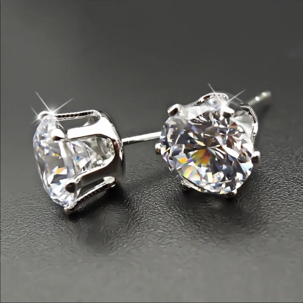 New 925 Silver 7.5MM Round 2 Carat Cubic Zirconia Stud Earrings - Picture 4 of 5